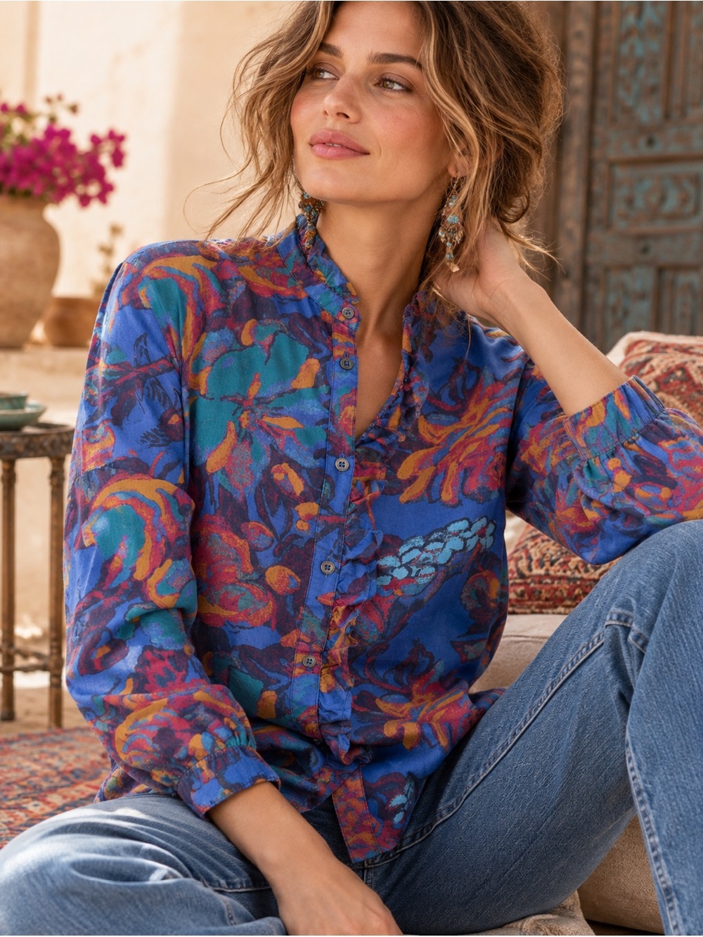 Sundance Floral Ruffle Button Down Shirt Blue Boho Cotton Size L